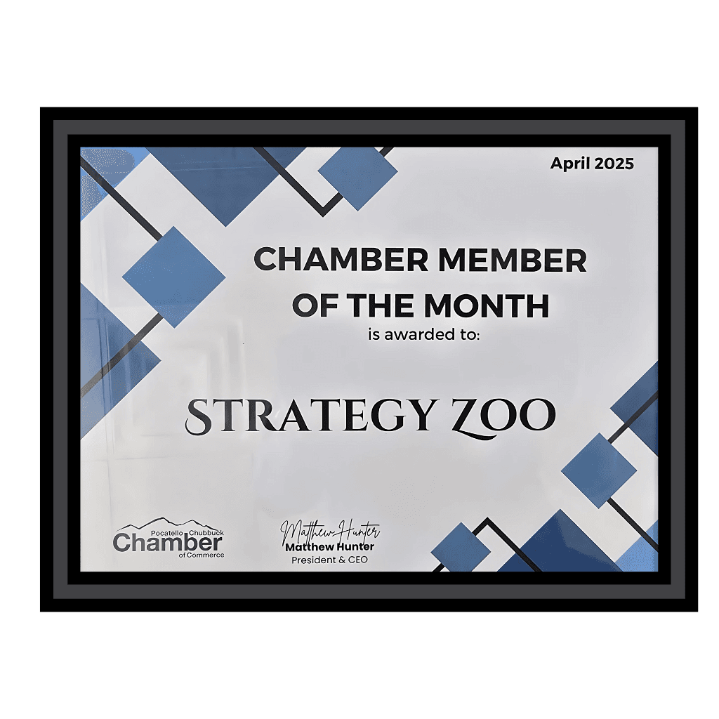 Strategy Zoo Chamber Member of the Month award certificate from Greater Pocatello Chamber of Commerce
