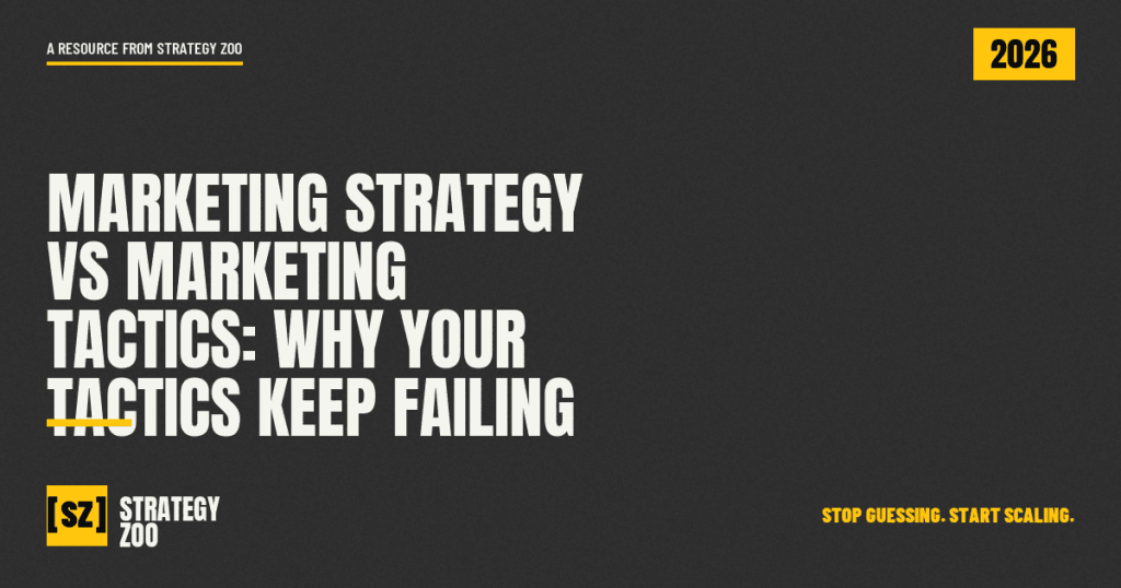 Whiteboard sketch contrasting marketing strategy vs marketing tactics for a service business