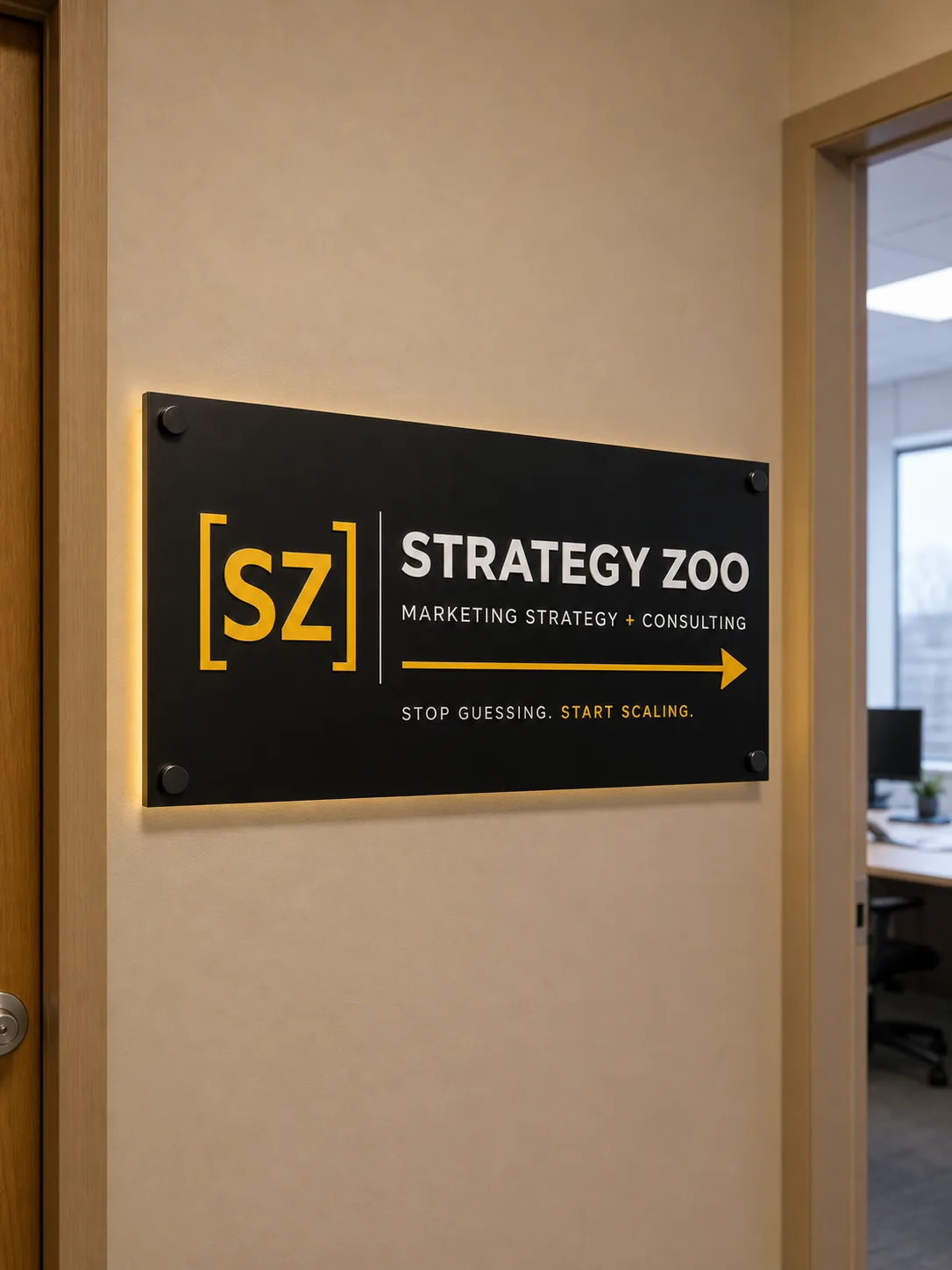 Backlit Strategy Zoo sign inside the Pocatello office: marketing strategy and consulting