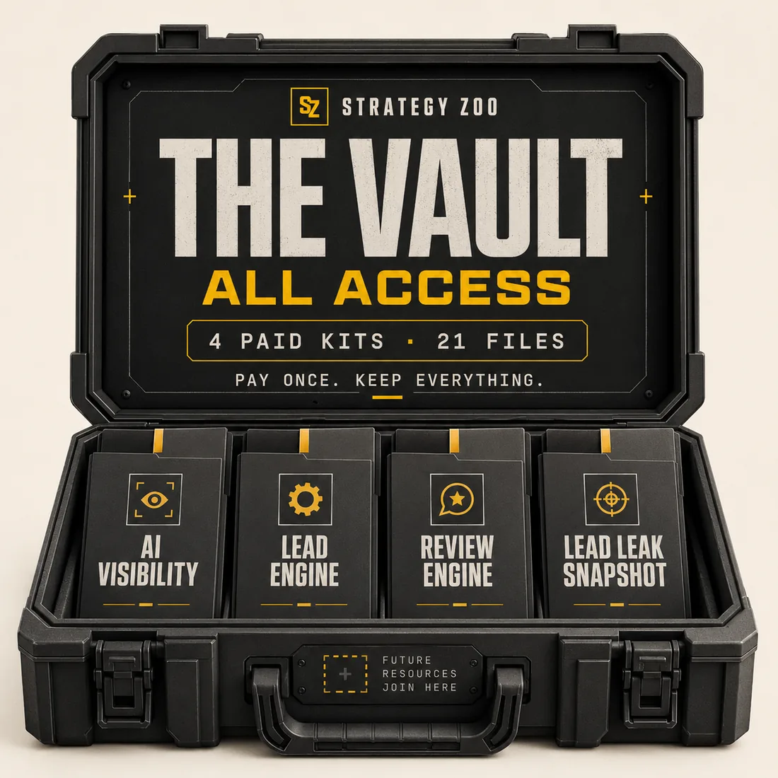 The Vault All Access case by Strategy Zoo with the 4 paid kits inside: AI Visibility, Lead Engine, Review Engine, and Lead Leak Snapshot