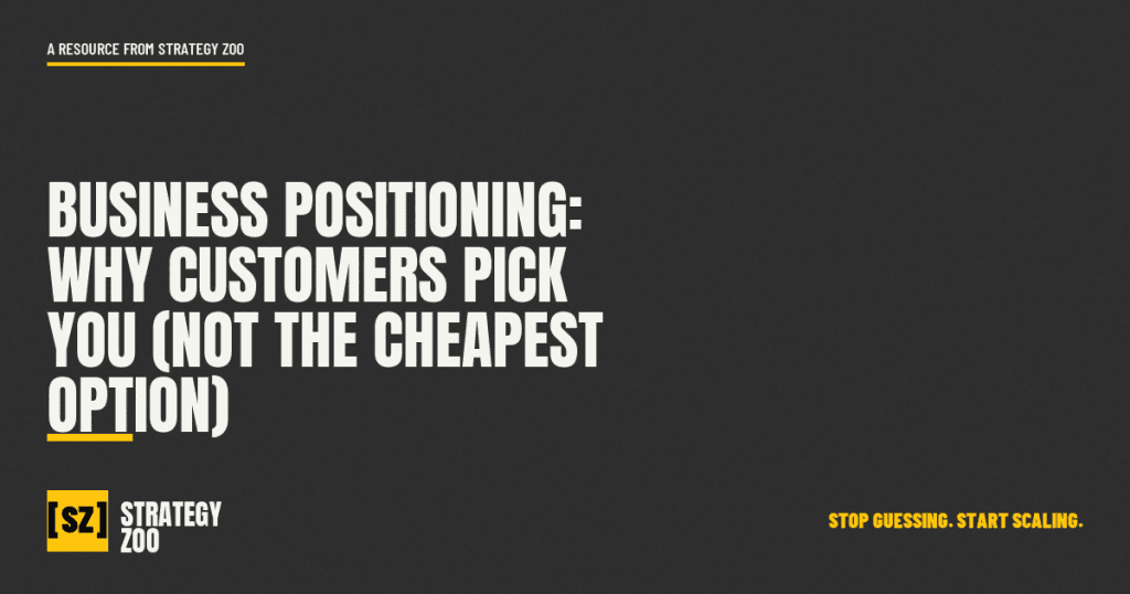 Business positioning strategy on a Strategy Zoo branded backdrop