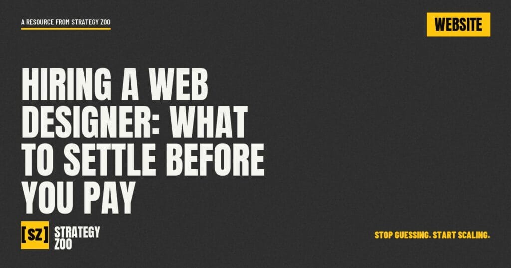 Hiring a web designer title card for service business owners planning a new website